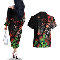 Aloha Hawaii Manta Rays Couples Matching Off The Shoulder Long Sleeve Dress and Hawaiian Shirt Red Ohia Lehua