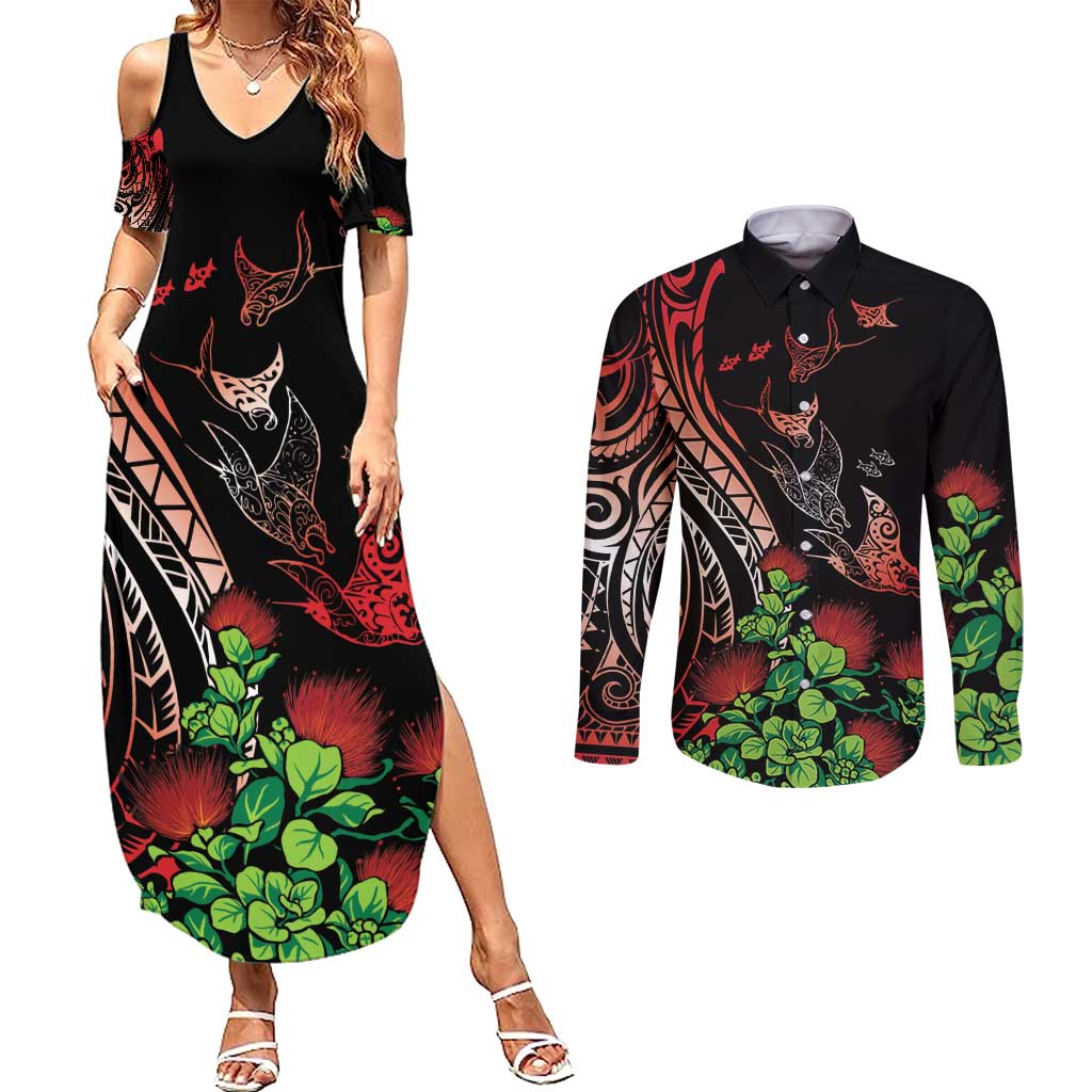 Aloha Hawaii Manta Rays Couples Matching Summer Maxi Dress and Long Sleeve Button Shirt Red Ohia Lehua LT7 Red - Polynesian Pride