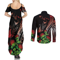 Aloha Hawaii Manta Rays Couples Matching Summer Maxi Dress and Long Sleeve Button Shirt Red Ohia Lehua LT7 - Polynesian Pride