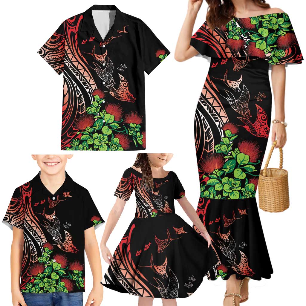 Aloha Hawaii Manta Rays Family Matching Mermaid Dress and Hawaiian Shirt Red Ohia Lehua
