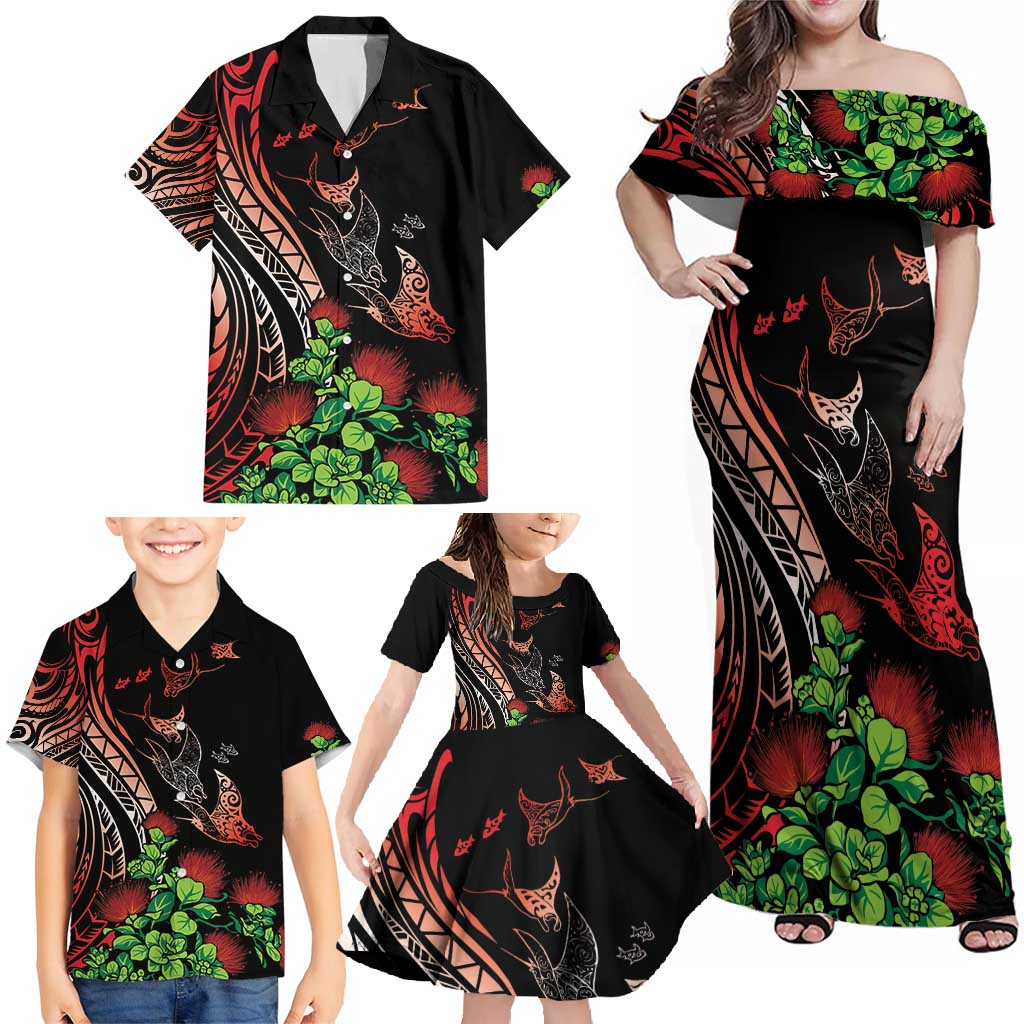 Aloha Hawaii Manta Rays Family Matching Off Shoulder Maxi Dress and Hawaiian Shirt Red Ohia Lehua