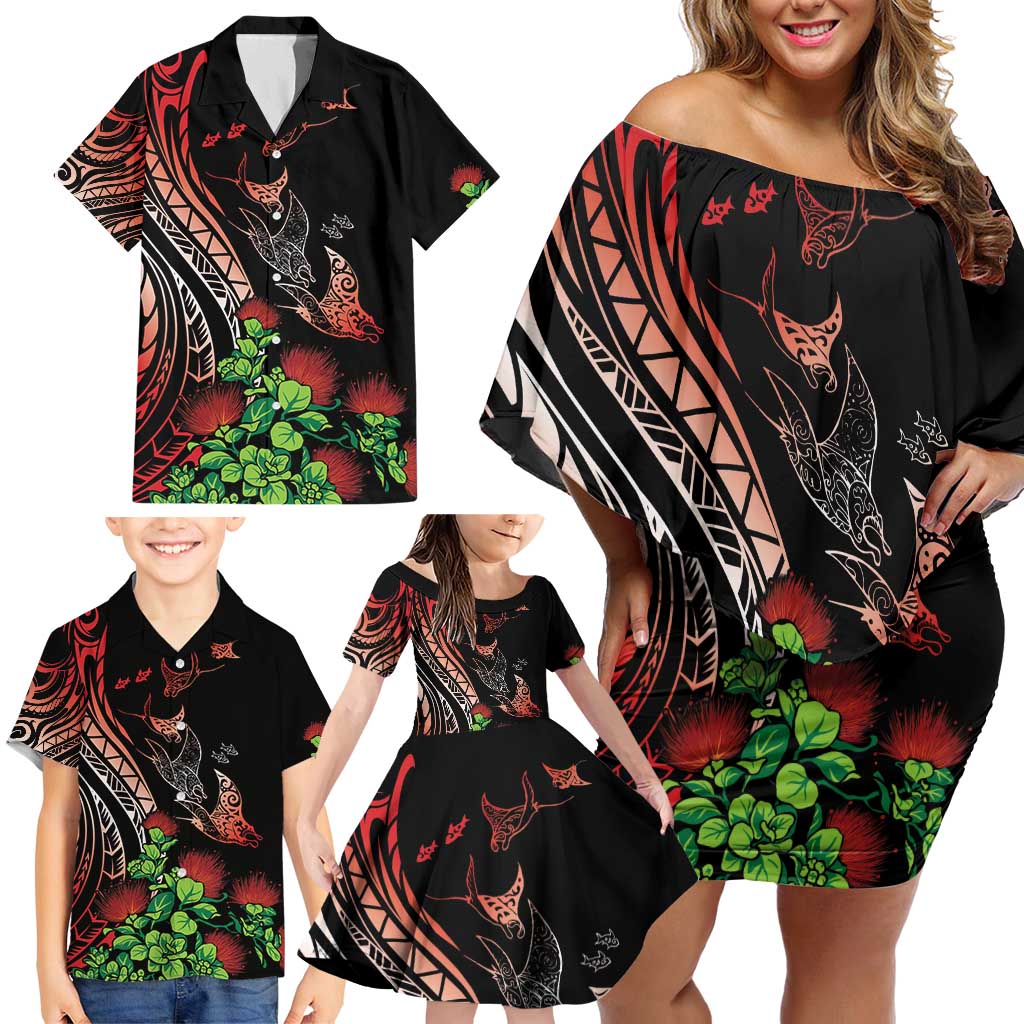Aloha Hawaii Manta Rays Family Matching Off Shoulder Short Dress and Hawaiian Shirt Red Ohia Lehua