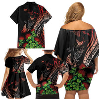 Aloha Hawaii Manta Rays Family Matching Off Shoulder Short Dress and Hawaiian Shirt Red Ohia Lehua