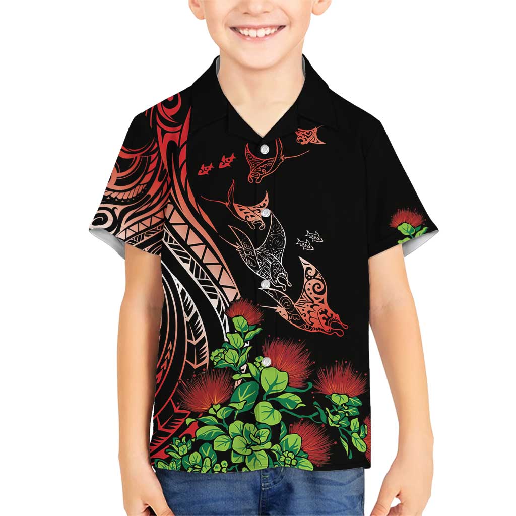 Aloha Hawaii Manta Rays Family Matching Puletasi and Hawaiian Shirt Red Ohia Lehua