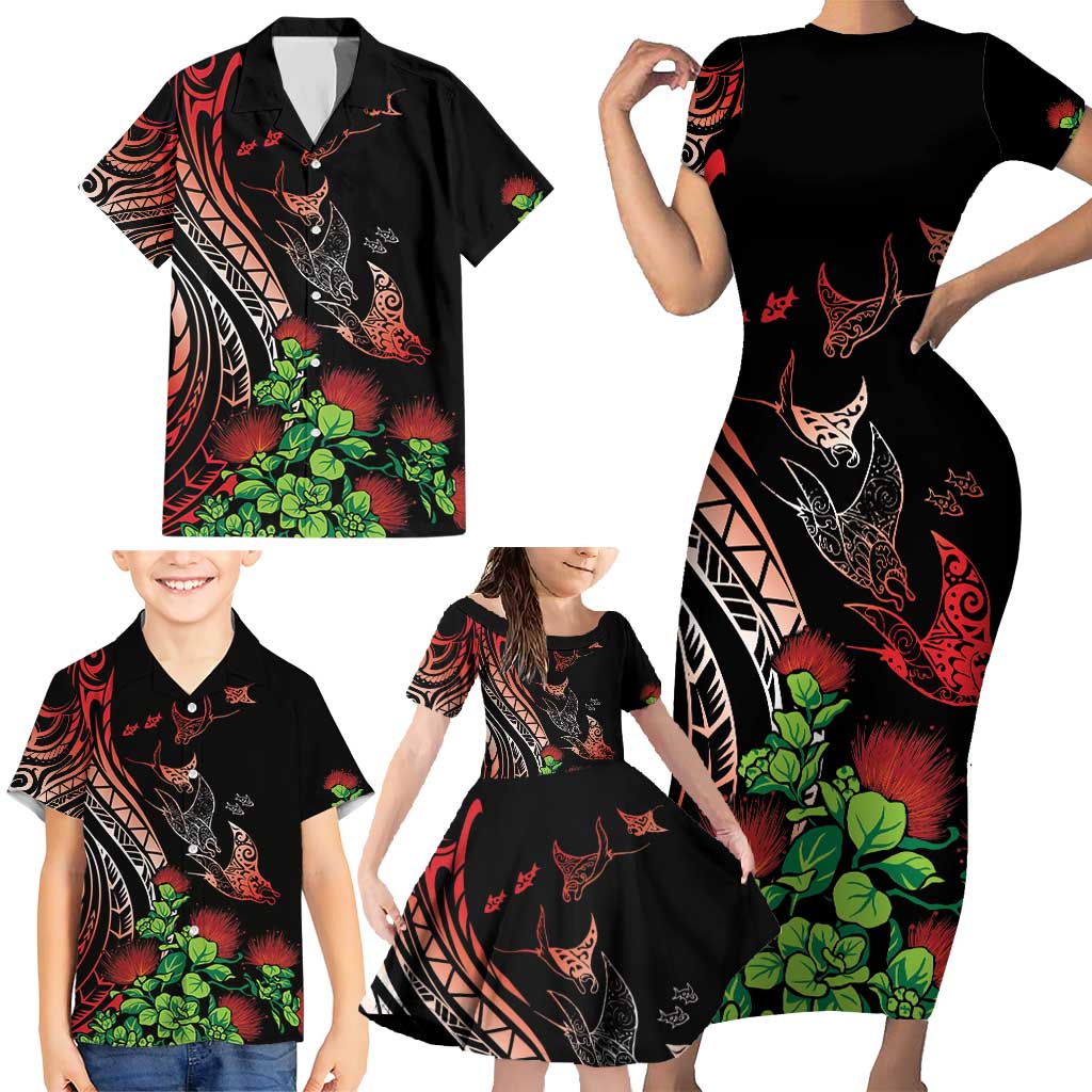Aloha Hawaii Manta Rays Family Matching Short Sleeve Bodycon Dress and Hawaiian Shirt Red Ohia Lehua