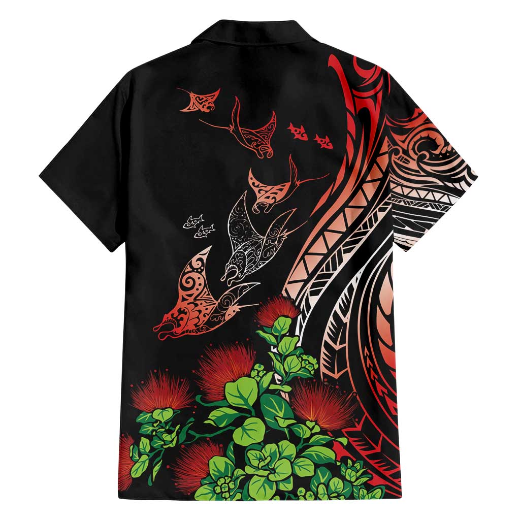 Aloha Hawaii Manta Rays Family Matching Short Sleeve Bodycon Dress and Hawaiian Shirt Red Ohia Lehua
