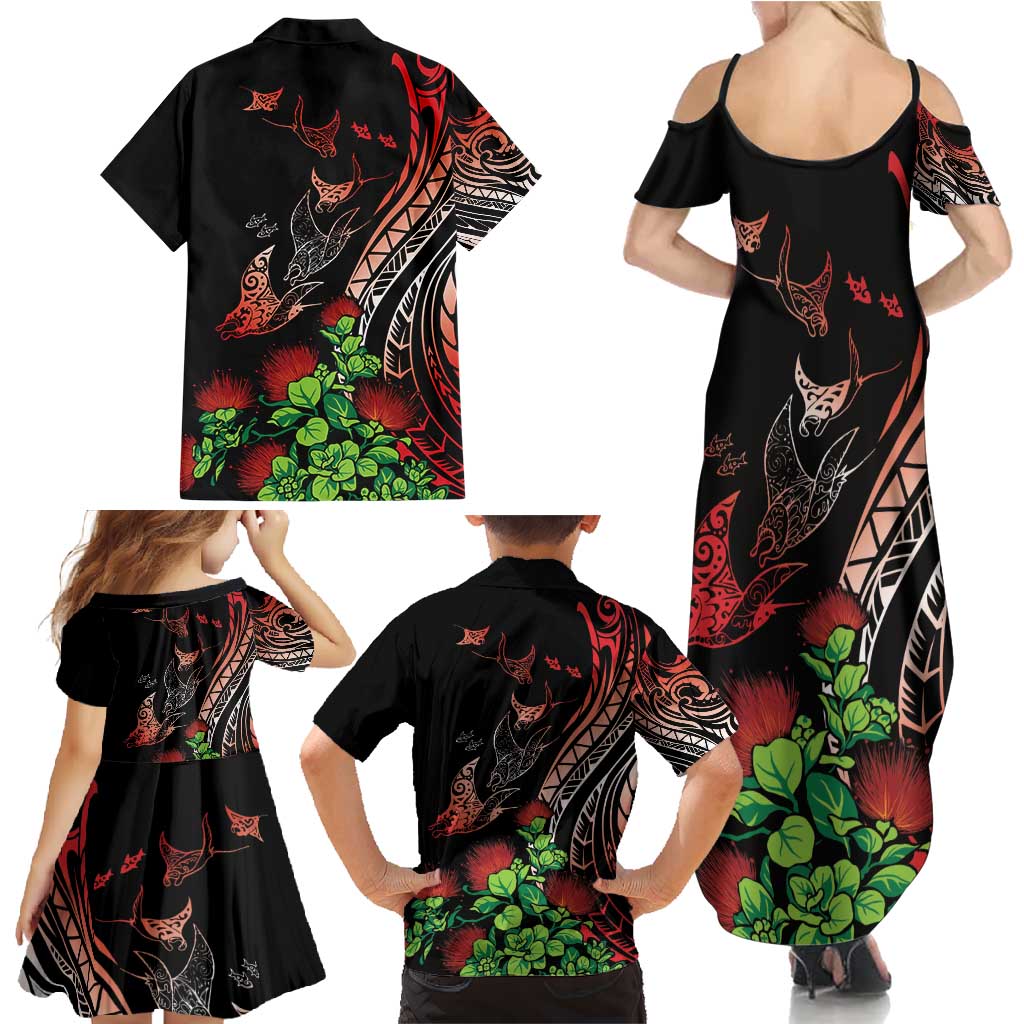 Aloha Hawaii Manta Rays Family Matching Summer Maxi Dress and Hawaiian Shirt Red Ohia Lehua