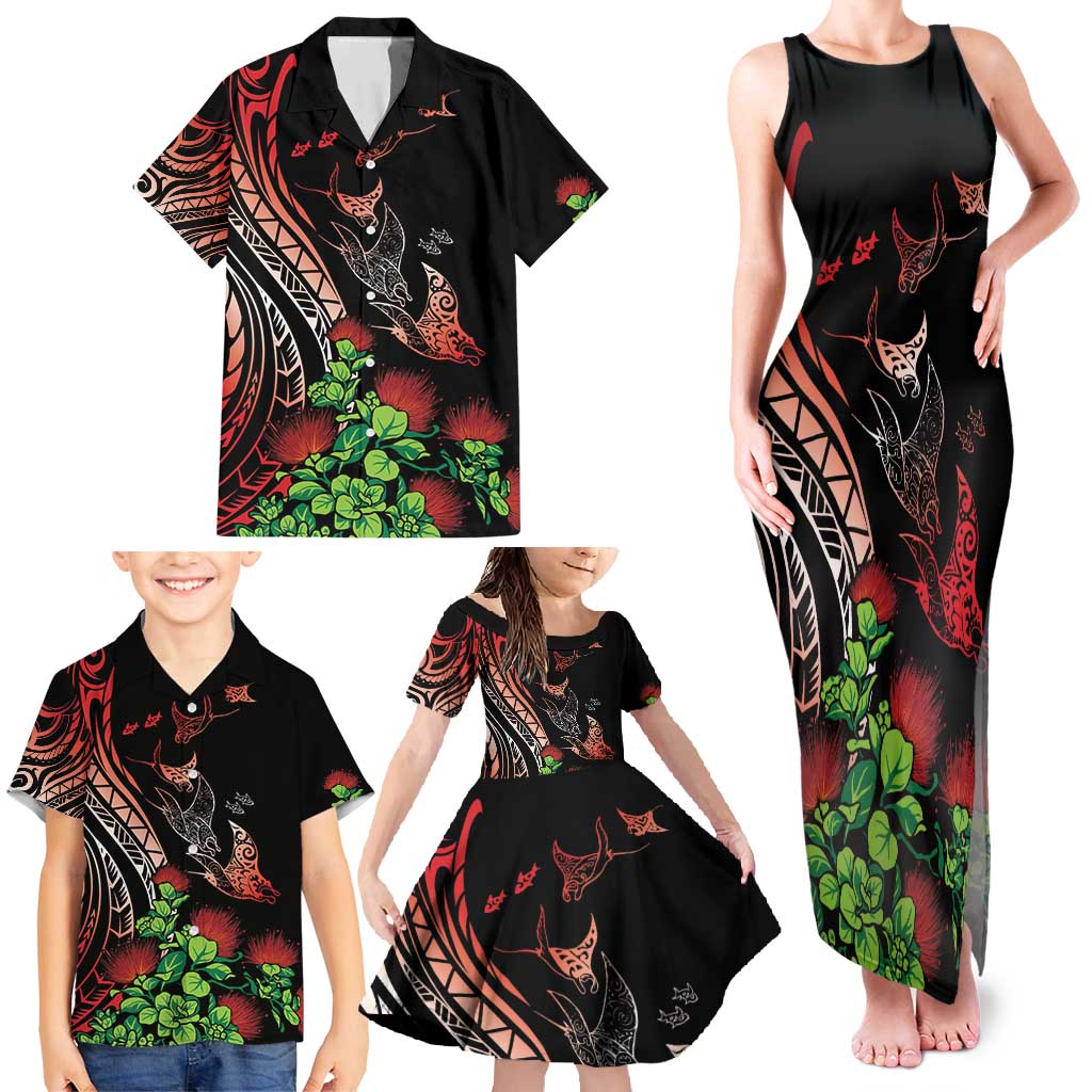 Aloha Hawaii Manta Rays Family Matching Tank Maxi Dress and Hawaiian Shirt Red Ohia Lehua