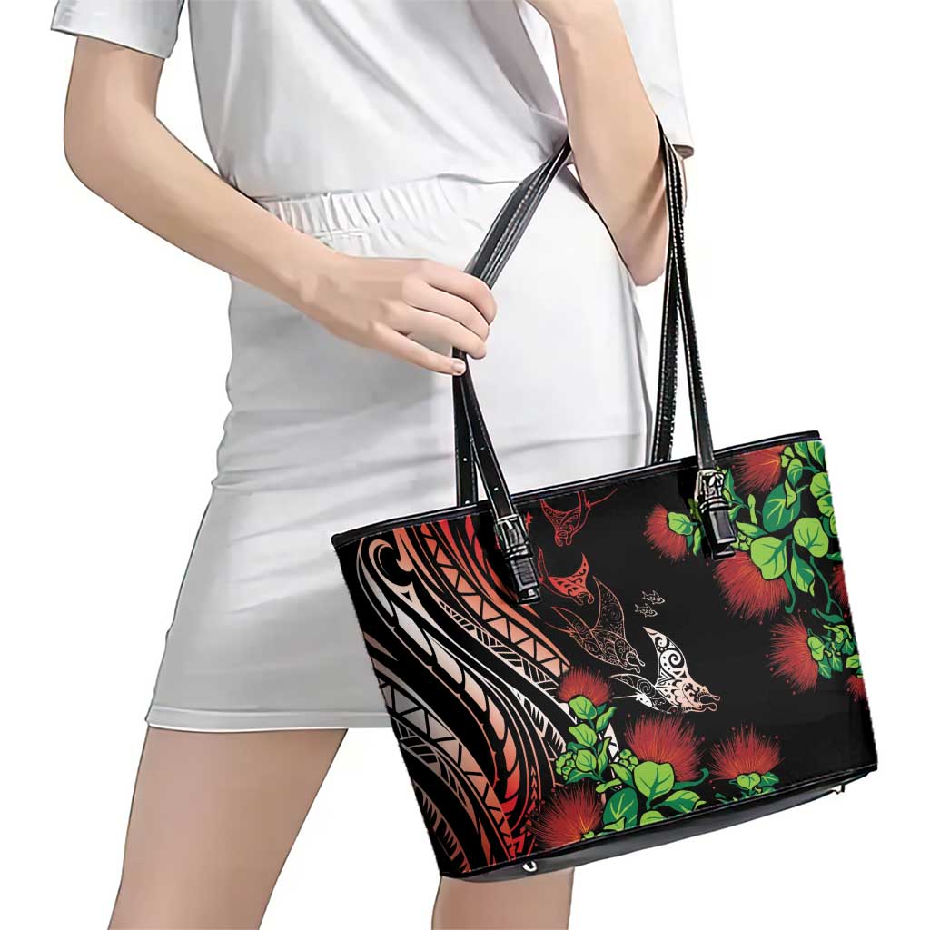 Aloha Hawaii Manta Rays Leather Tote Bag Red Ohia Lehua