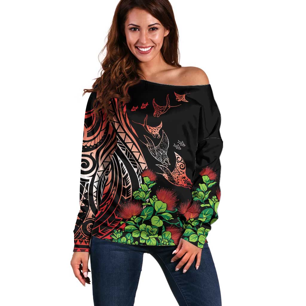 Aloha Hawaii Manta Rays Off Shoulder Sweater Red Ohia Lehua