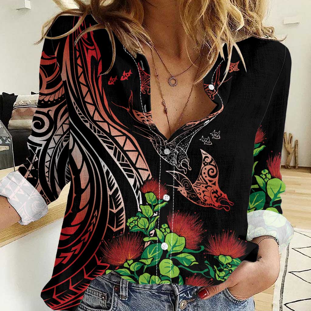 Aloha Hawaii Manta Rays Women Casual Shirt Red Ohia Lehua