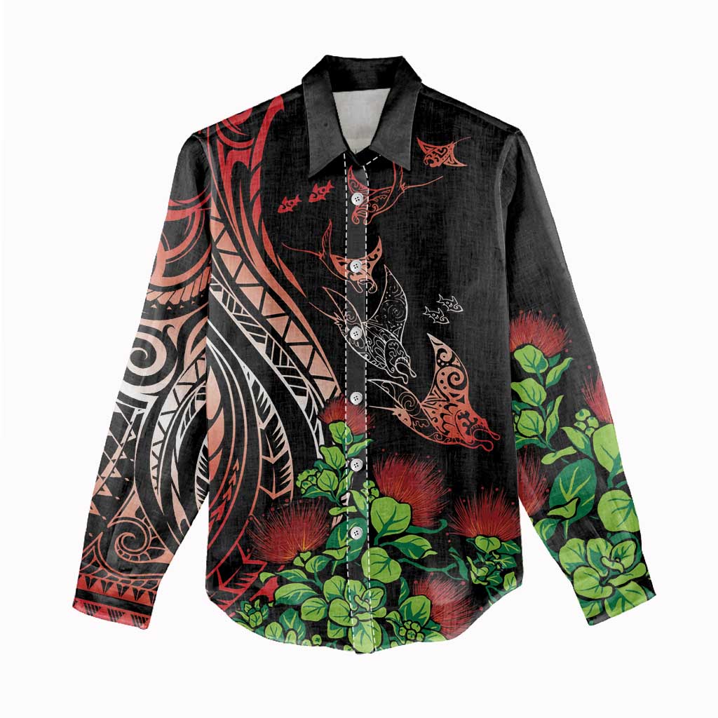 Aloha Hawaii Manta Rays Women Casual Shirt Red Ohia Lehua