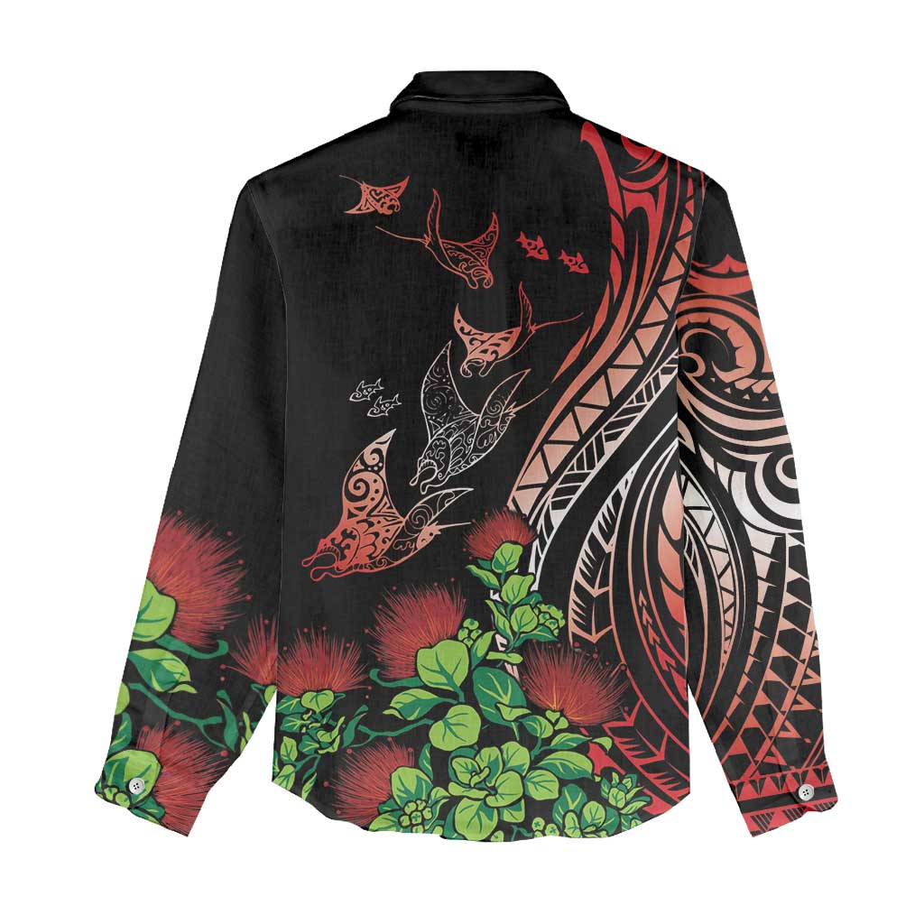 Aloha Hawaii Manta Rays Women Casual Shirt Red Ohia Lehua