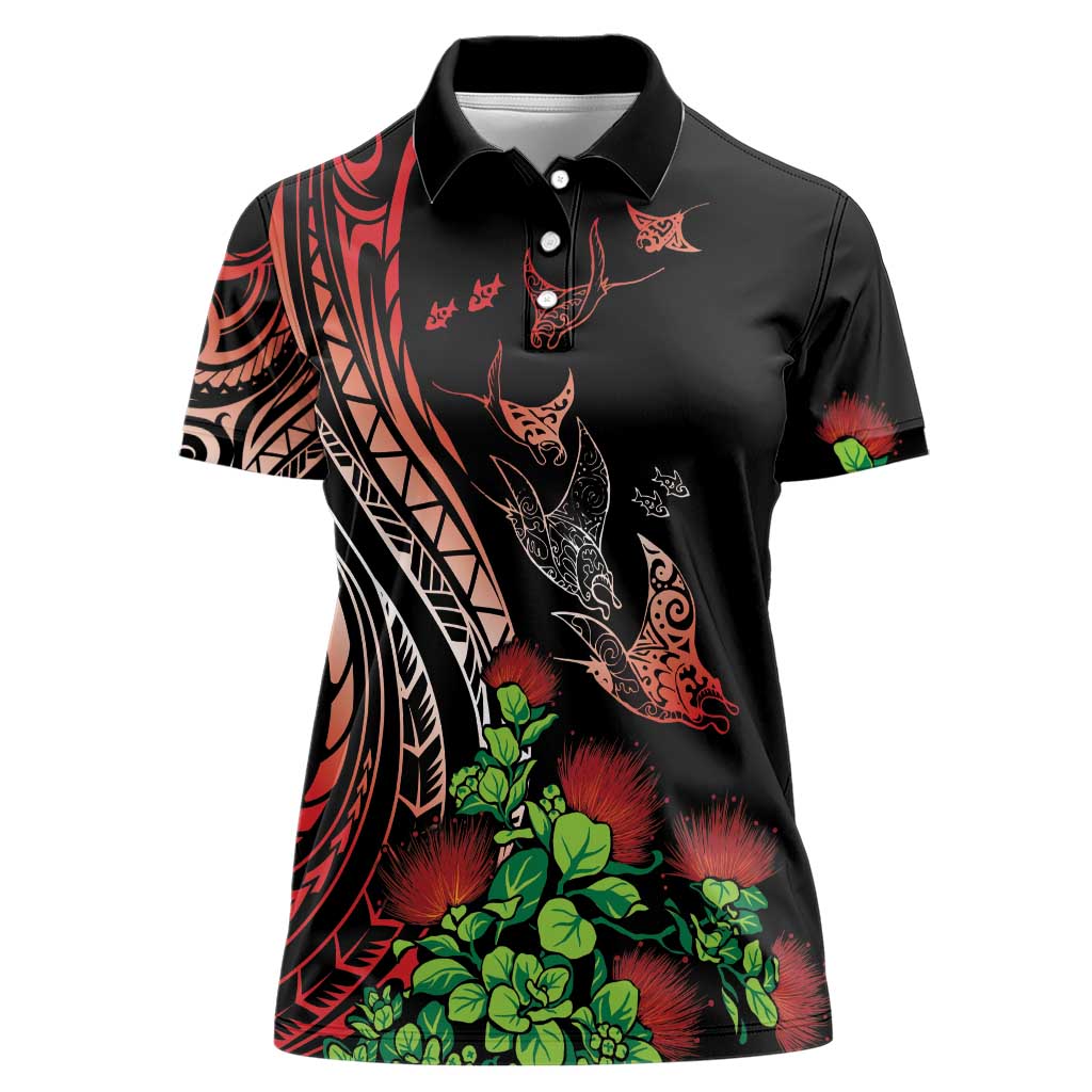 Aloha Hawaii Manta Rays Women Polo Shirt Red Ohia Lehua