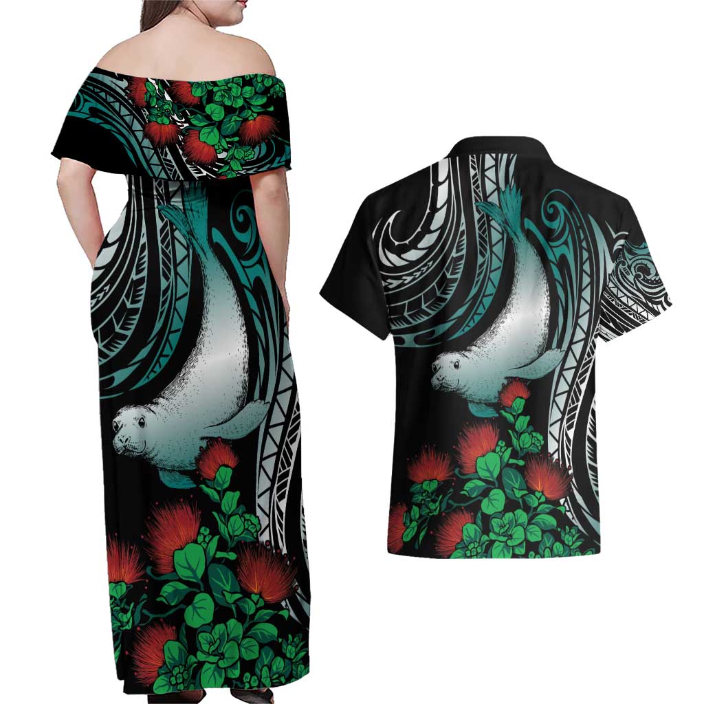 Aloha Hawaii Monk Seal Couples Matching Off Shoulder Maxi Dress and Hawaiian Shirt Mix Ohia Lehua