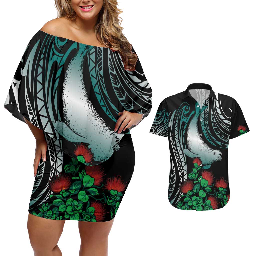 Aloha Hawaii Monk Seal Couples Matching Off Shoulder Short Dress and Hawaiian Shirt Mix Ohia Lehua