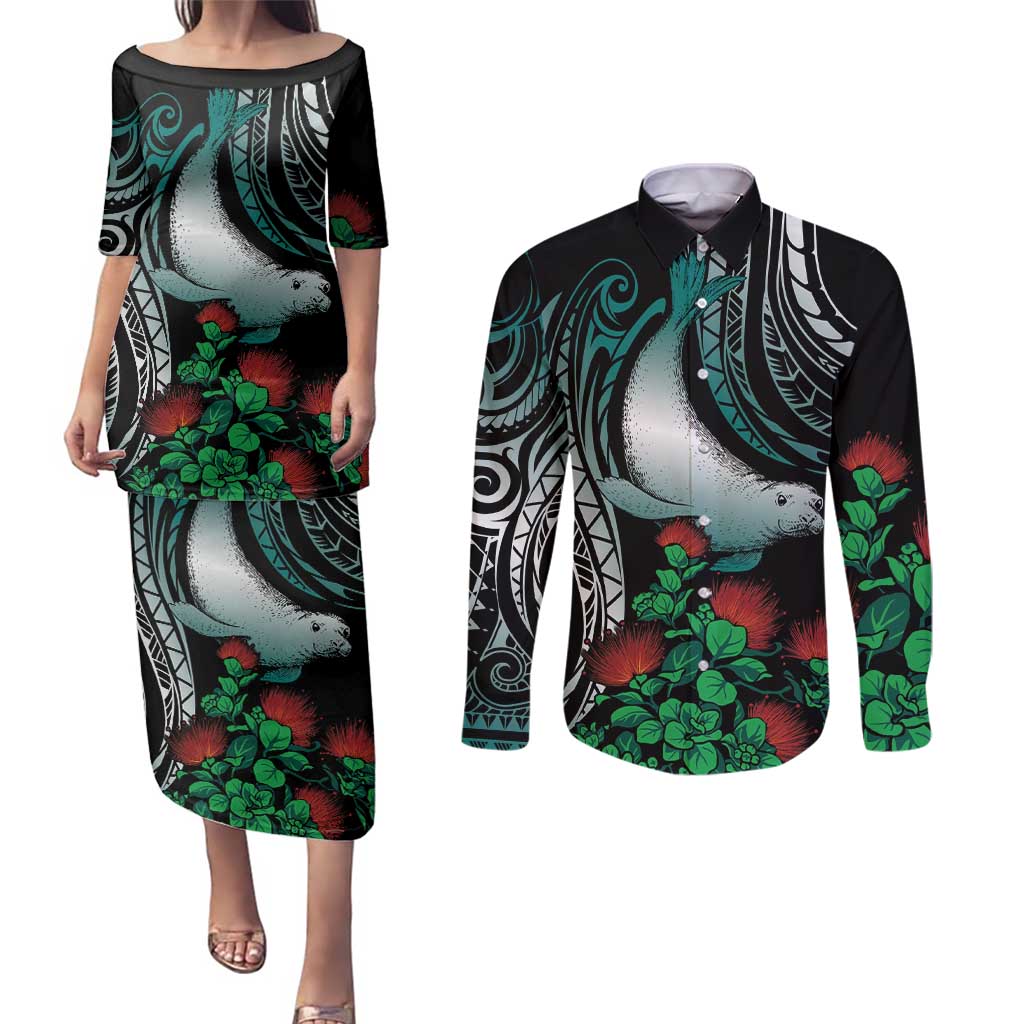 Aloha Hawaii Monk Seal Couples Matching Puletasi and Long Sleeve Button Shirt Mix Ohia Lehua