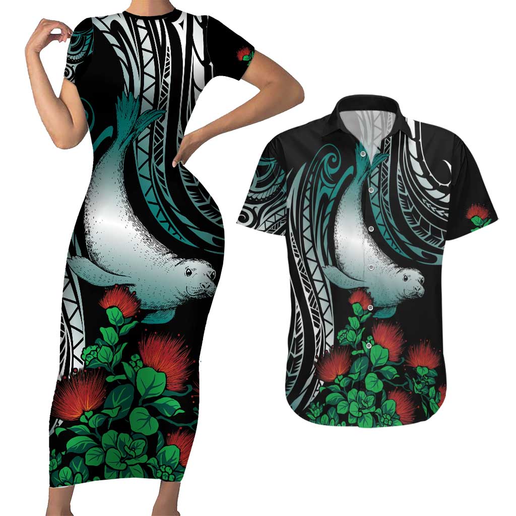 Aloha Hawaii Monk Seal Couples Matching Short Sleeve Bodycon Dress and Hawaiian Shirt Mix Ohia Lehua
