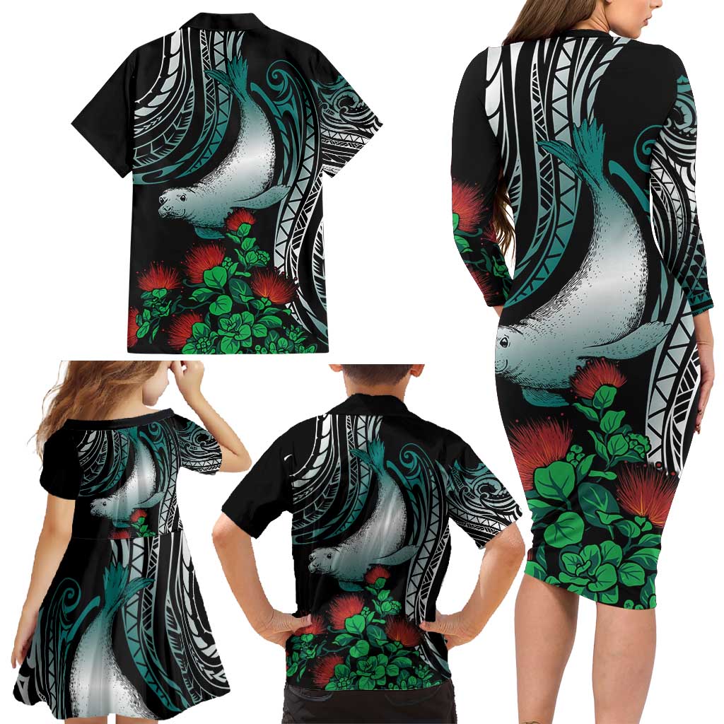 Aloha Hawaii Monk Seal Family Matching Long Sleeve Bodycon Dress and Hawaiian Shirt Mix Ohia Lehua