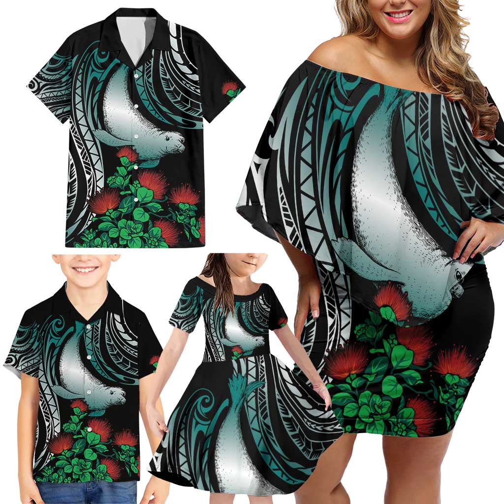 Aloha Hawaii Monk Seal Family Matching Off Shoulder Short Dress and Hawaiian Shirt Mix Ohia Lehua