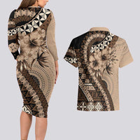 Bula Fiji Couples Matching Long Sleeve Bodycon Dress and Hawaiian Shirt Mocha Brown Kaivity Masi Tapa