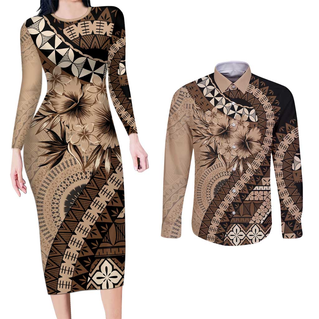 Bula Fiji Couples Matching Long Sleeve Bodycon Dress and Long Sleeve Button Shirt Mocha Brown Kaivity Masi Tapa