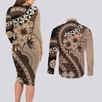Bula Fiji Couples Matching Long Sleeve Bodycon Dress and Long Sleeve Button Shirt Mocha Brown Kaivity Masi Tapa