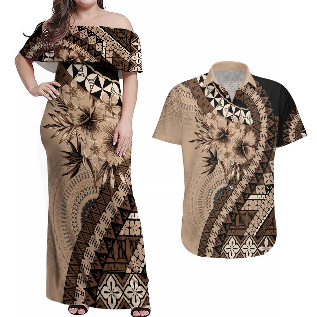 Bula Fiji Couples Matching Off Shoulder Maxi Dress and Hawaiian Shirt Mocha Brown Kaivity Masi Tapa