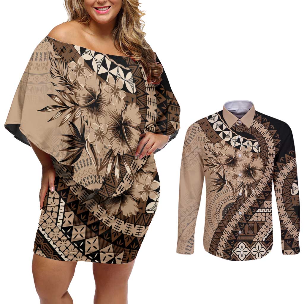 Bula Fiji Couples Matching Off Shoulder Short Dress and Long Sleeve Button Shirt Mocha Brown Kaivity Masi Tapa