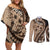 Bula Fiji Couples Matching Off Shoulder Short Dress and Long Sleeve Button Shirt Mocha Brown Kaivity Masi Tapa