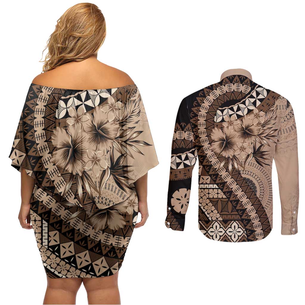 Bula Fiji Couples Matching Off Shoulder Short Dress and Long Sleeve Button Shirt Mocha Brown Kaivity Masi Tapa