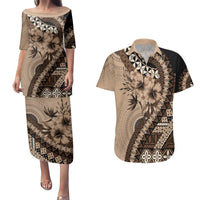 Bula Fiji Couples Matching Puletasi and Hawaiian Shirt Mocha Brown Kaivity Masi Tapa