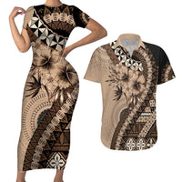 Bula Fiji Couples Matching Short Sleeve Bodycon Dress and Hawaiian Shirt Mocha Brown Kaivity Masi Tapa