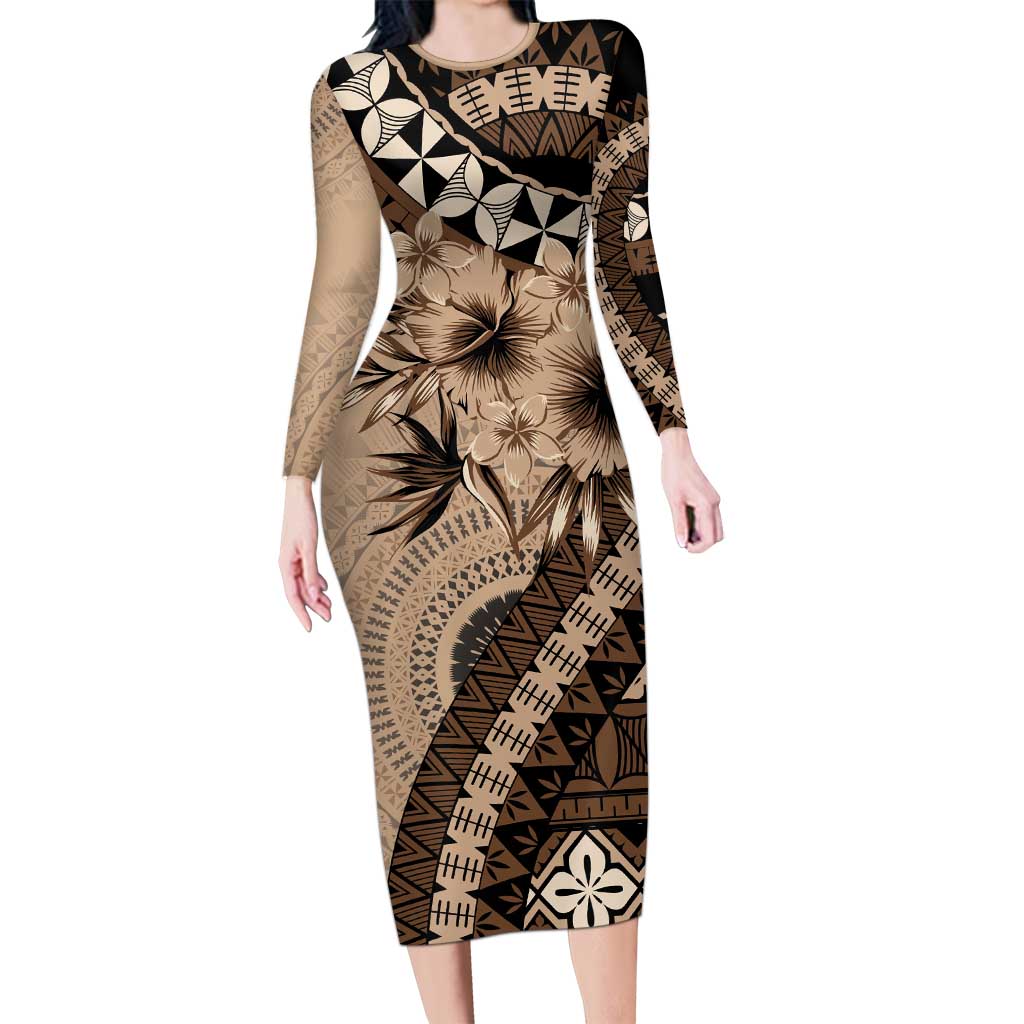 Bula Fiji Family Matching Long Sleeve Bodycon Dress and Hawaiian Shirt Mocha Brown Kaivity Masi Tapa