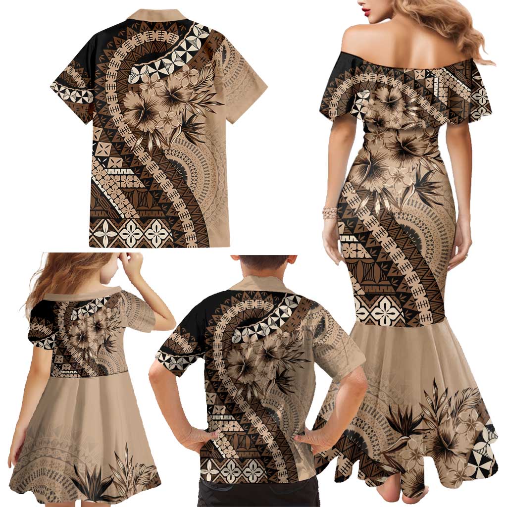 Bula Fiji Family Matching Mermaid Dress and Hawaiian Shirt Mocha Brown Kaivity Masi Tapa