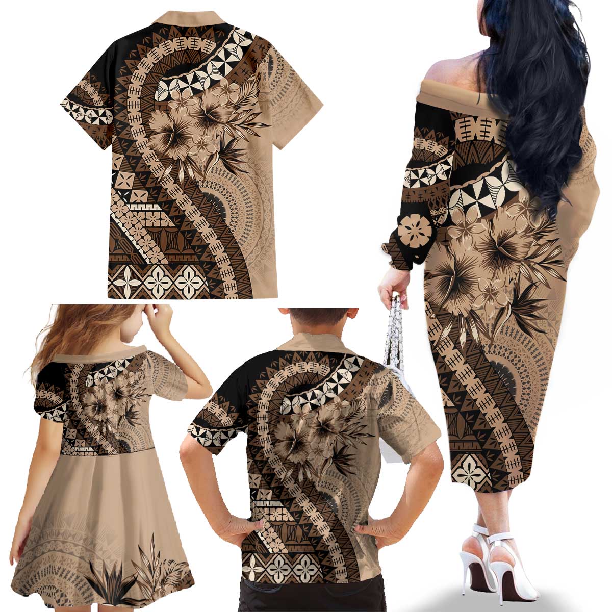 Bula Fiji Family Matching Off The Shoulder Long Sleeve Dress and Hawaiian Shirt Mocha Brown Kaivity Masi Tapa