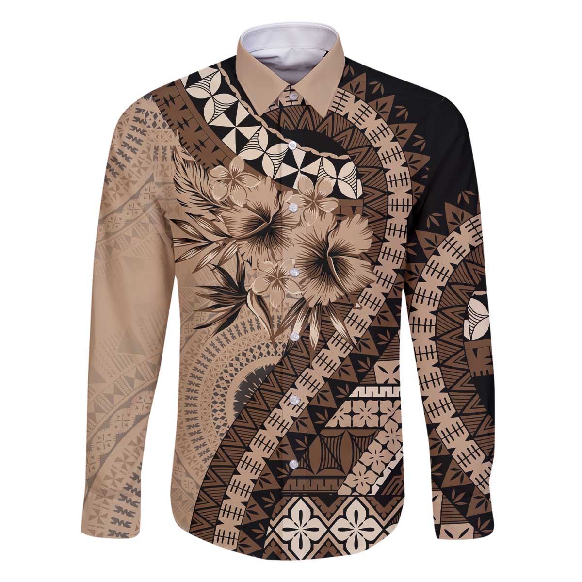 Bula Fiji Family Matching Off The Shoulder Long Sleeve Dress and Hawaiian Shirt Mocha Brown Kaivity Masi Tapa