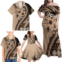Bula Fiji Family Matching Off Shoulder Maxi Dress and Hawaiian Shirt Mocha Brown Kaivity Masi Tapa