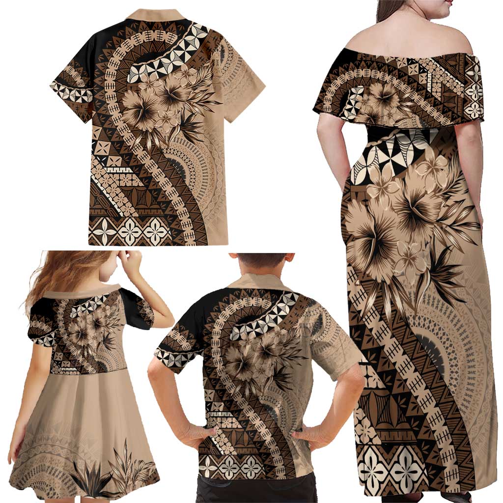 Bula Fiji Family Matching Off Shoulder Maxi Dress and Hawaiian Shirt Mocha Brown Kaivity Masi Tapa