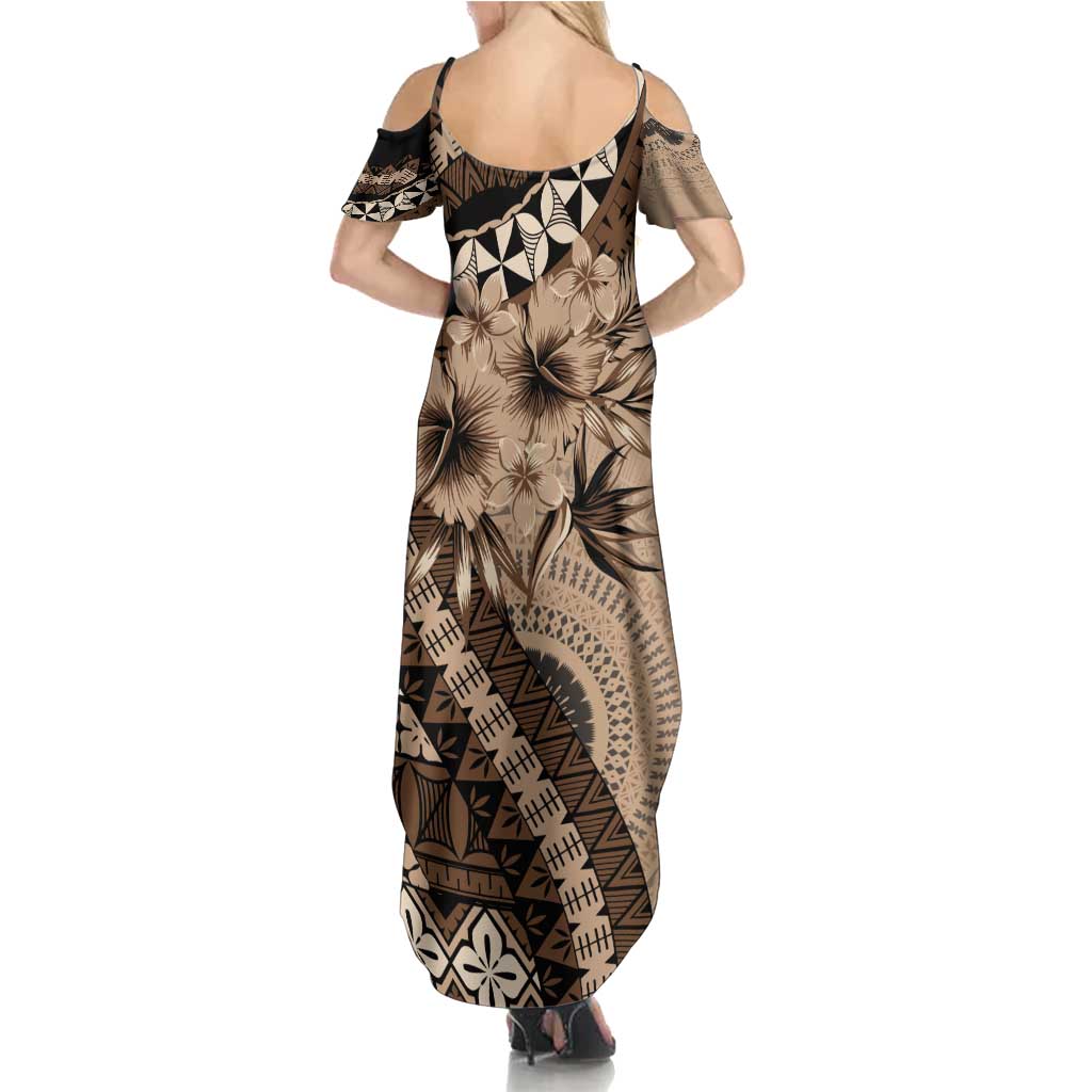 Bula Fiji Family Matching Summer Maxi Dress and Hawaiian Shirt Mocha Brown Kaivity Masi Tapa
