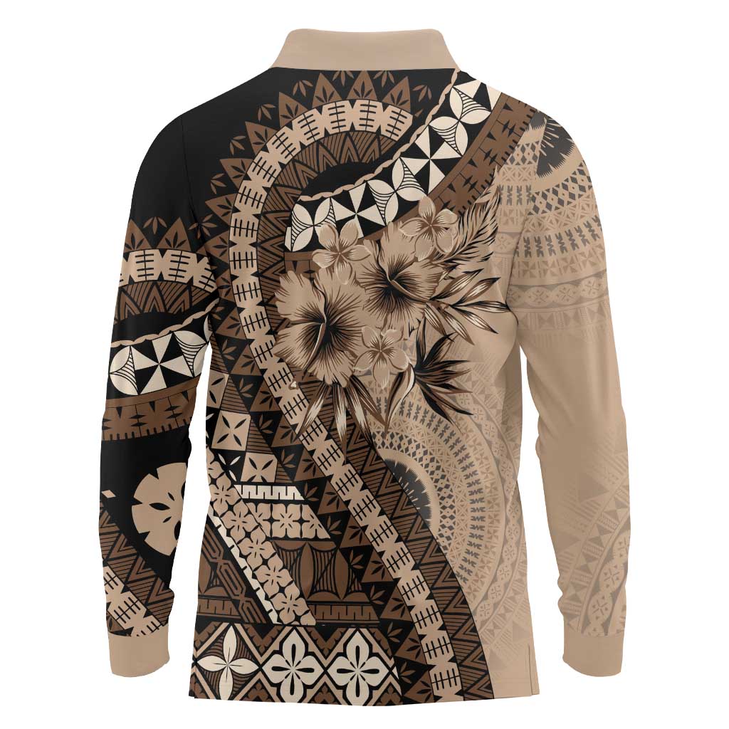 Bula Fiji Long Sleeve Polo Shirt Mocha Brown Kaivity Masi Tapa