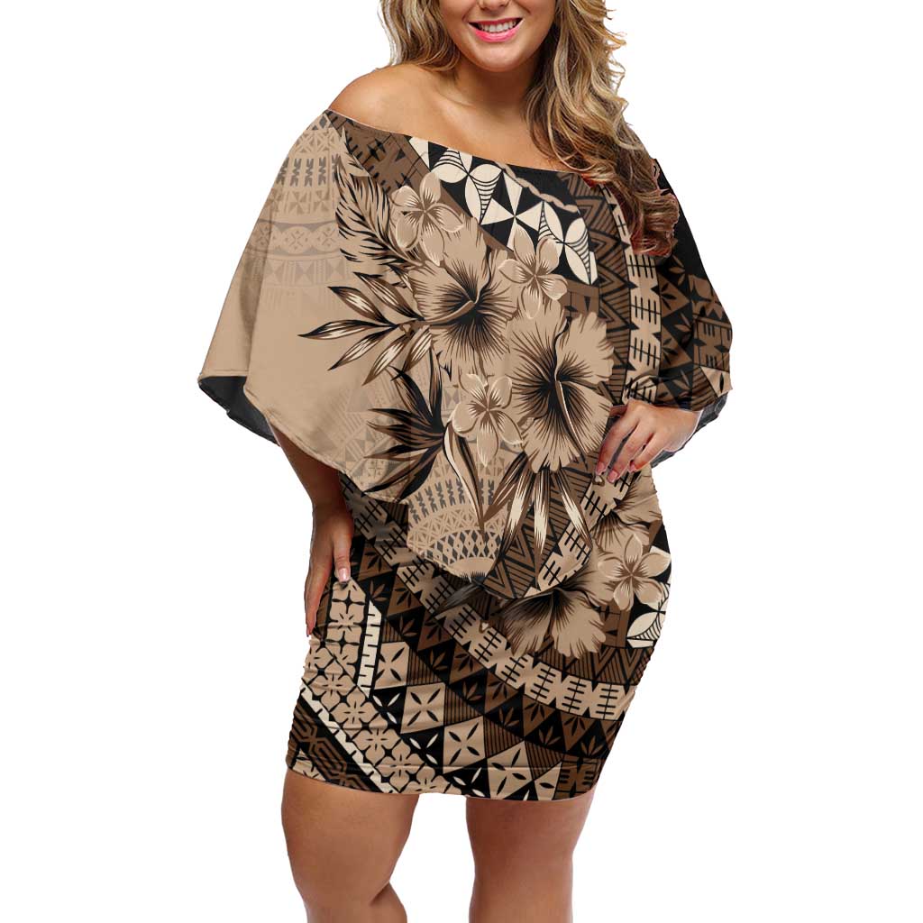 Bula Fiji Off Shoulder Short Dress Mocha Brown Kaivity Masi Tapa