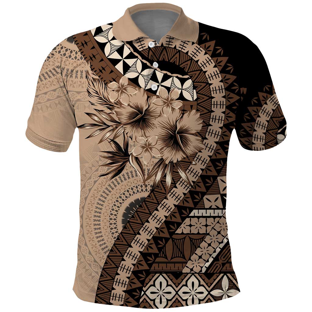 Bula Fiji Polo Shirt Mocha Brown Kaivity Masi Tapa LT7 Brown - Polynesian Pride