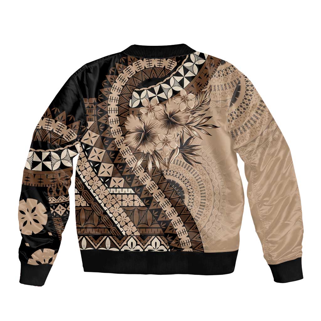 Bula Fiji Sleeve Zip Bomber Jacket Mocha Brown Kaivity Masi Tapa
