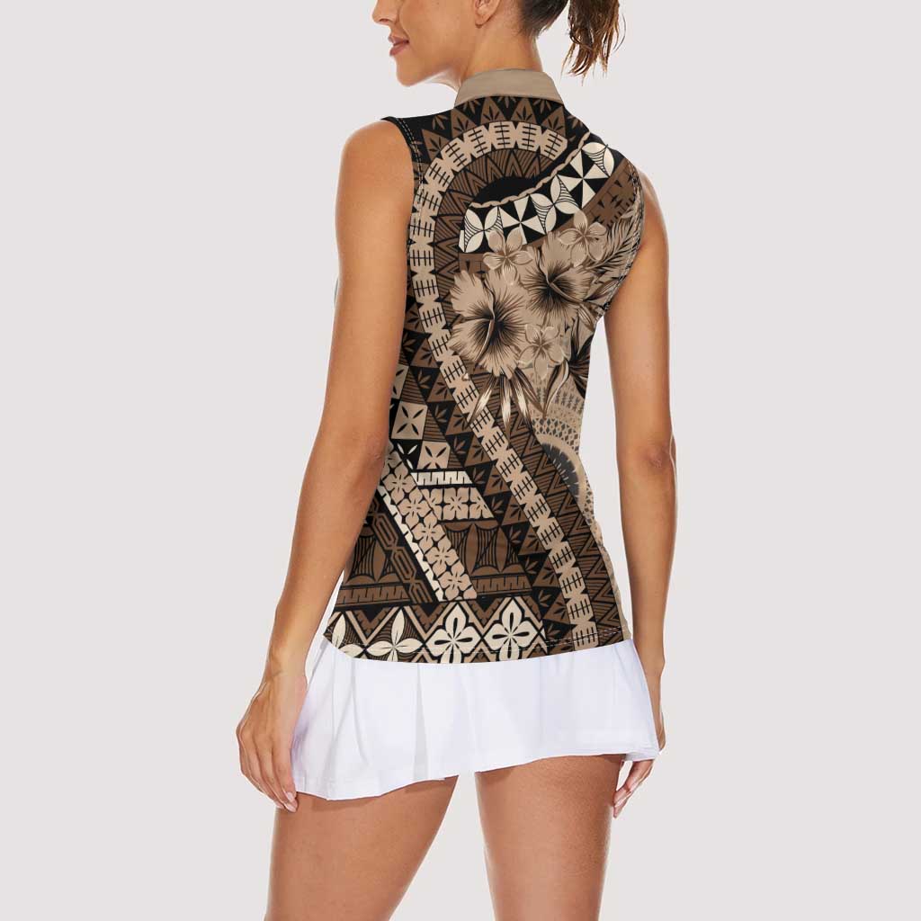 Bula Fiji Women Sleeveless Polo Shirt Mocha Brown Kaivity Masi Tapa