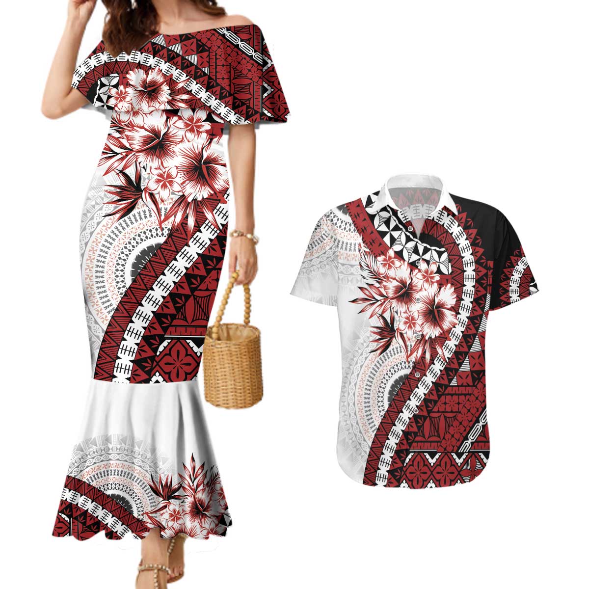 Bula Fiji Couples Matching Mermaid Dress and Hawaiian Shirt White Kaivity Masi Tapa