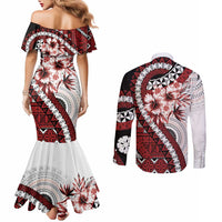 Bula Fiji Couples Matching Mermaid Dress and Long Sleeve Button Shirt White Kaivity Masi Tapa