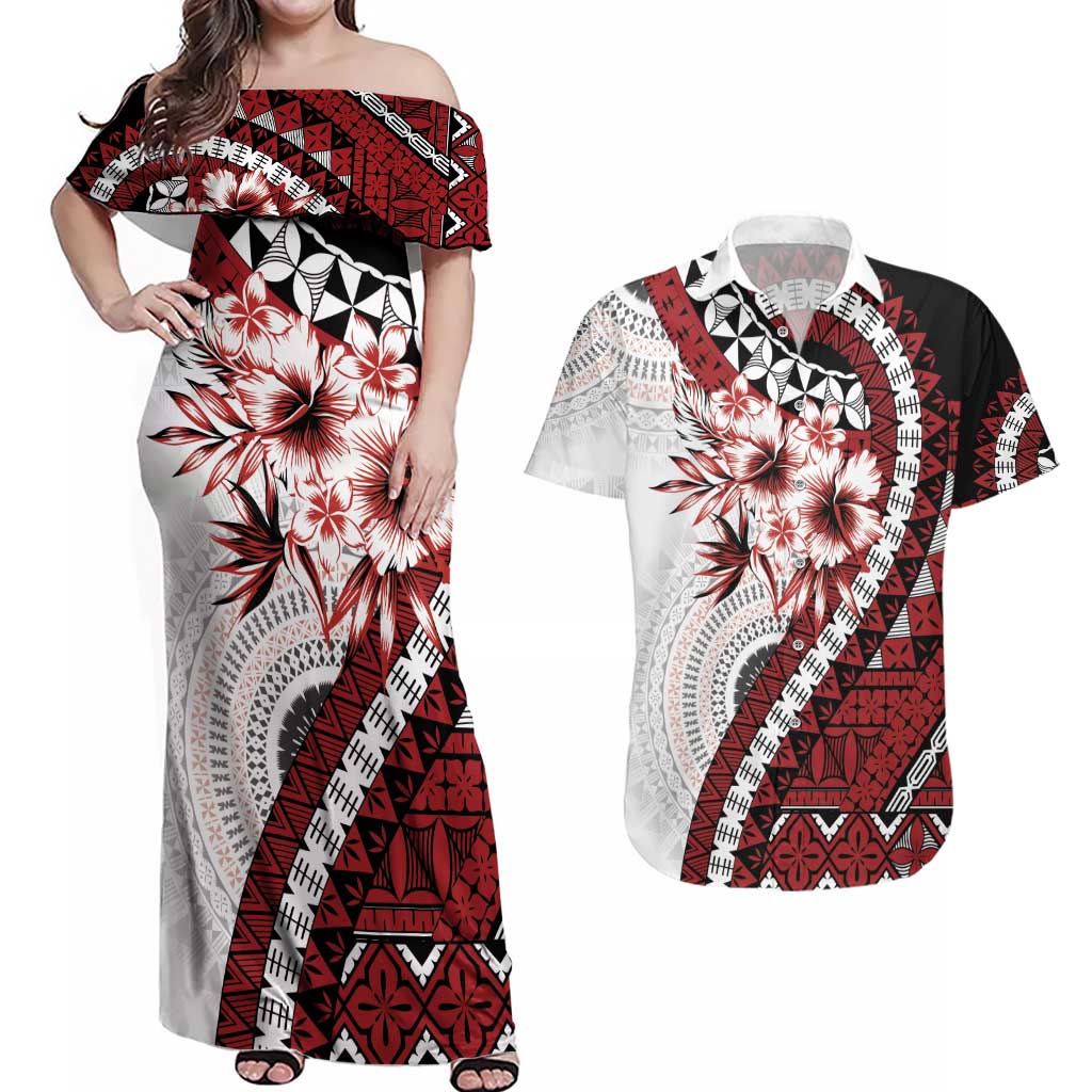 Bula Fiji Couples Matching Off Shoulder Maxi Dress and Hawaiian Shirt White Kaivity Masi Tapa