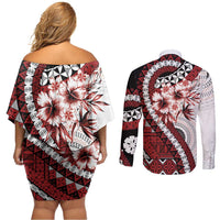 Bula Fiji Couples Matching Off Shoulder Short Dress and Long Sleeve Button Shirt White Kaivity Masi Tapa