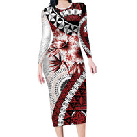 Bula Fiji Family Matching Long Sleeve Bodycon Dress and Hawaiian Shirt White Kaivity Masi Tapa